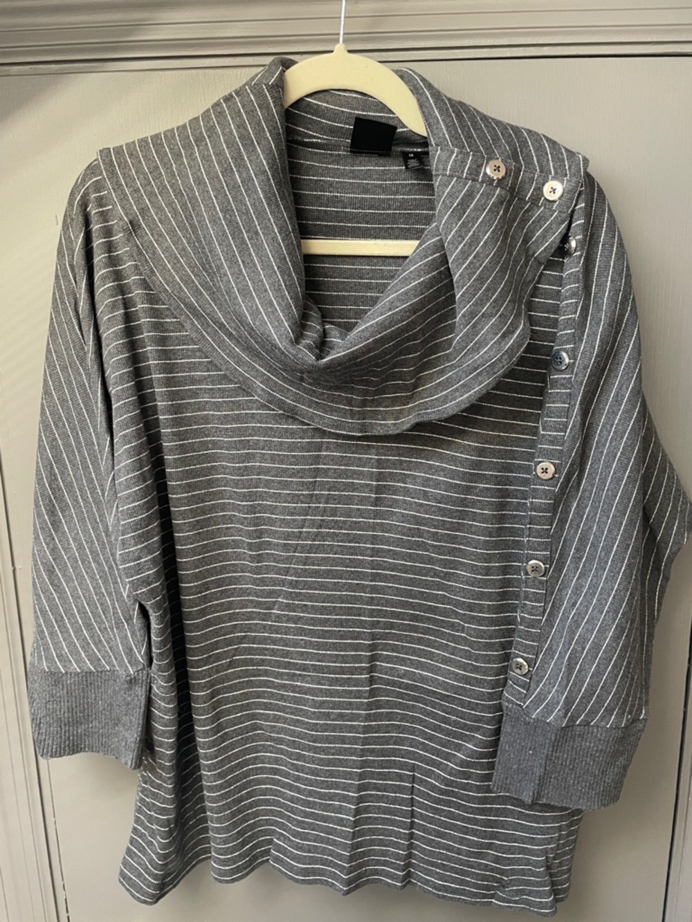 Rafaella Gray & Silver Striped Cowl Neck Sweater with Button-Trim Sleeve